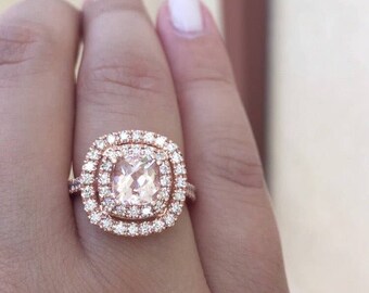 14K Rose Gold, White Gold Cushion Checkered Cut Morganite Ring with Double diamond halo Style #5025