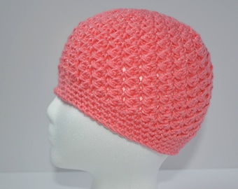 Hat; Coral Colored Hat; White Crochet Flower Embellishment; Photo Prop Hat 12-24 Months Toddler Diagonal Stitch Hat; Hand Knit Toddler