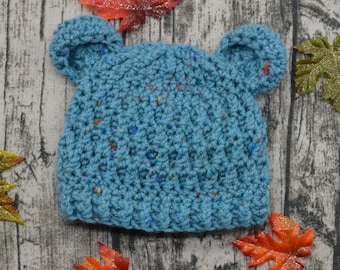 Baby Bear Hat - Animal Hat - Bear - Ready to ship - Crochet - Crochet Beanie - Baby Boy Hat - Tweed - Blue - Crochet Winter Hat - Winter Hat