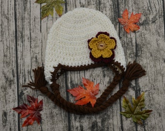 Crochet Infant Earflap Hat - Crochet Infant Flower Beanie - Infant Hat - Fall Hat - Infant Girls Accessory - Infant Girls Hat - Crochet Girl