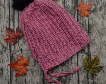 Crochet Girls Slouchy Hat - Ready to ship - Girls Hat - Pink Slouchy Hat - Slouchy Hat - Pink and Black - Winter Hat - Winter Slouchy