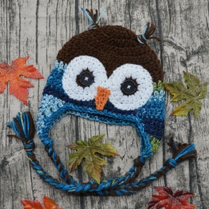 Ready to ship owl hat, 6–12-month baby hat crochet owl hat, blue owl hat, owl beanie, owl earflap hat, winter hat, photo prop, boy owl hat