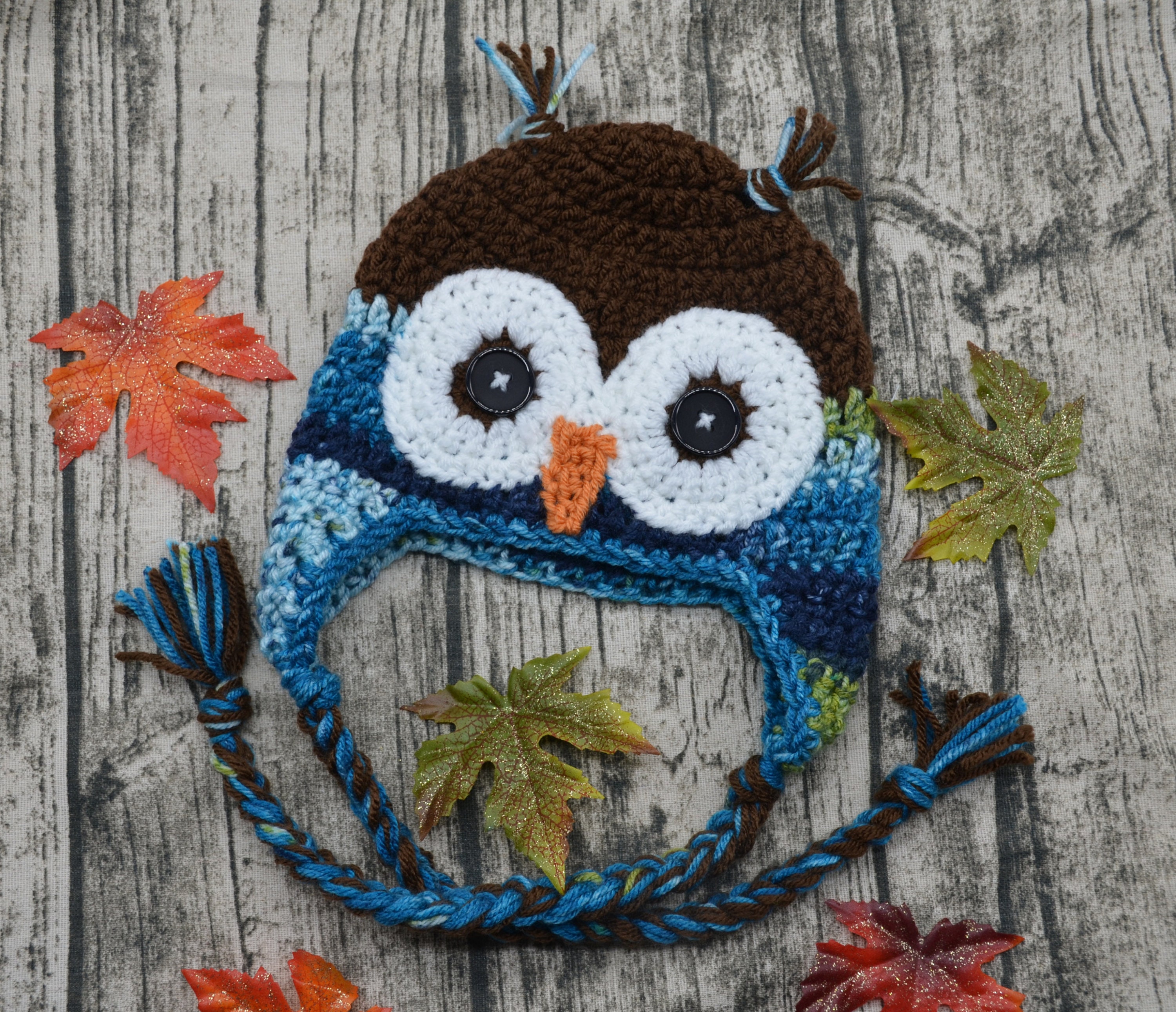 Ready to ship owl hat, 6–12-month baby hat crochet owl hat, blue owl hat, owl beanie, owl earf