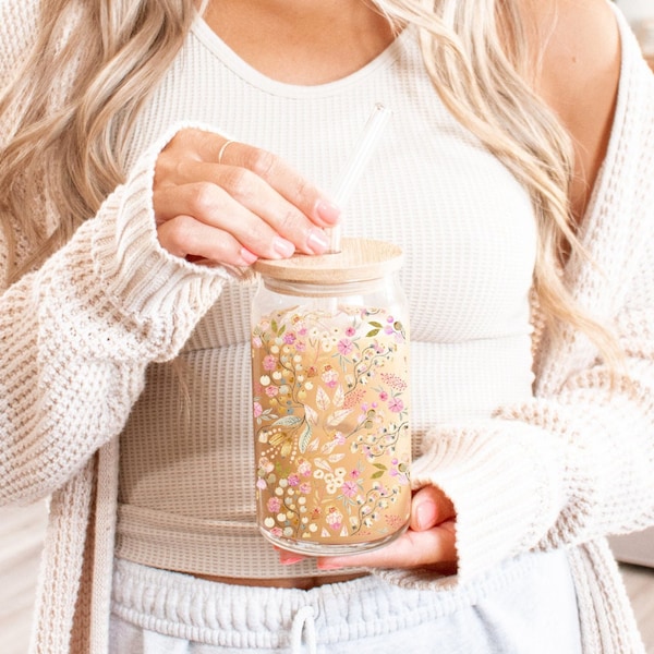 Floral Tumbler, Bridesmaid tumbler, Retro Flower Iced Coffee Cup, Floral Glass Cup, Iced Coffee Cup, Glass Beer Can, Spring Tumblers