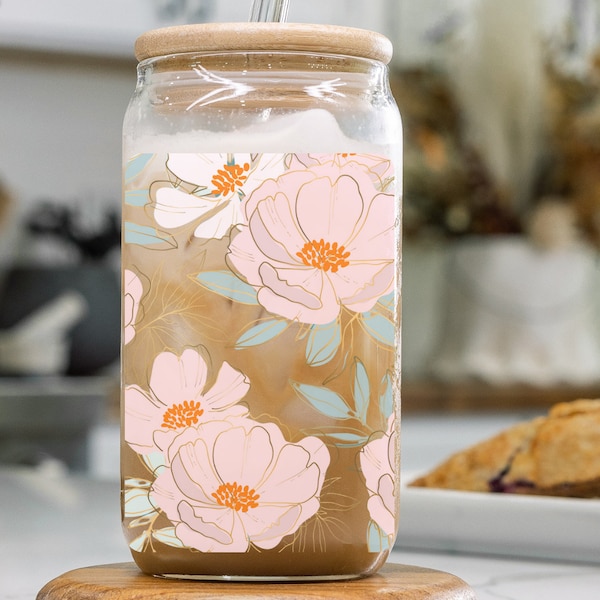 Peony Glass Tumbler, Bridesmaid tumbler, Retro Flower Iced Coffee Cup, Floral Glass Cup, Iced Coffee Cup, Glass Beer Can, Spring Tumblers