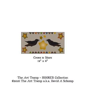 May include: A digital pattern for embroidery featuring two black crows facing each other with a yellow star between them. The pattern is set against a beige background with a border of colorful triangles and stars. The text "Crows & Stars 12" x 6" is below the pattern.