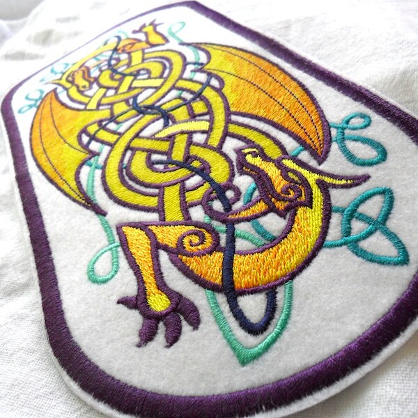 Large Celtic Dragon Embroidered Patch in Gold and Purple