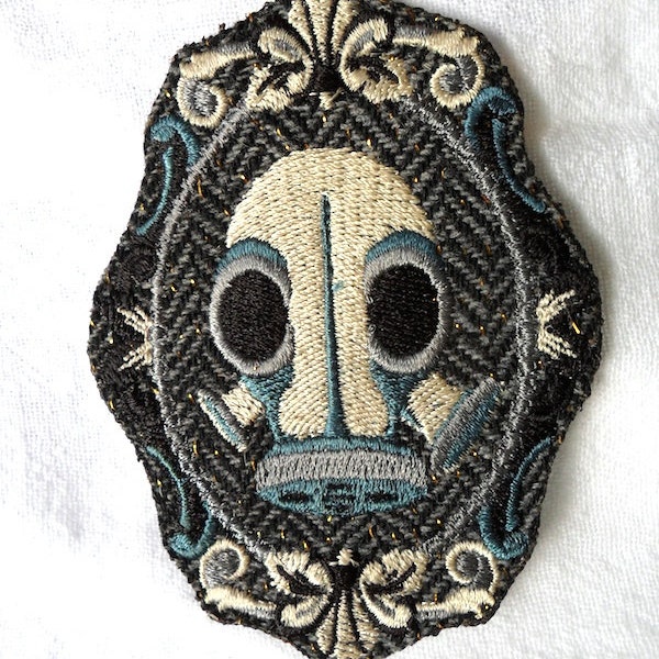 Gas Mask Embroidered Patch on Gray Tweed