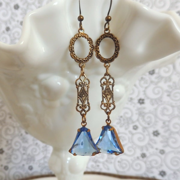 Blue Crystal Earrings,  Art Deco Earrings, Antique Czech Glass Bells, Vintage Blue Earrings, Something Blue, Victorian Earrings, WEDDING