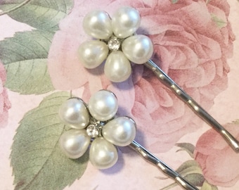 Pearl Flower Hair Pins: Bridal White Bobby Pins, Set of 2
