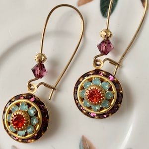 Swarovski Amethyst Pacific Opal Three Layer Crystal Drop Earrings, Long Swingy Dangly Earrings, Vintage Swarovski Crystal Earrings