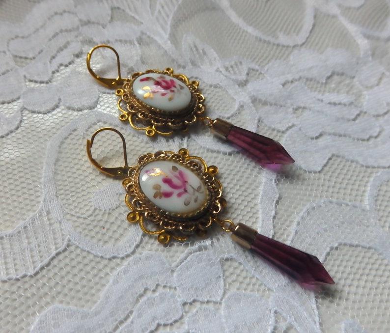 French Earrings, Upcycled pendants Vintage Amethyst Earrings Porcelain Earrings Purple Crystal Earrings Vintage Amethyst Crystals
