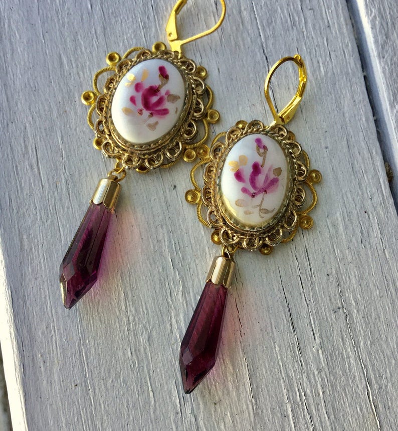 French Earrings, Upcycled pendants Vintage Amethyst Earrings Porcelain Earrings Purple Crystal Earrings Vintage Amethyst Crystals
