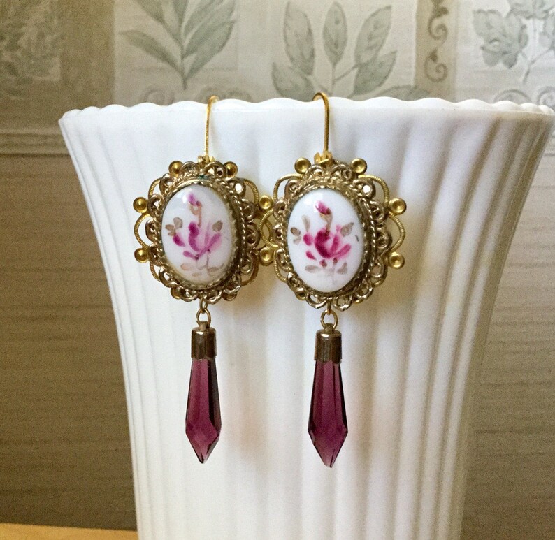 French Earrings, Upcycled pendants Vintage Amethyst Earrings Porcelain Earrings Purple Crystal Earrings Vintage Amethyst Crystals