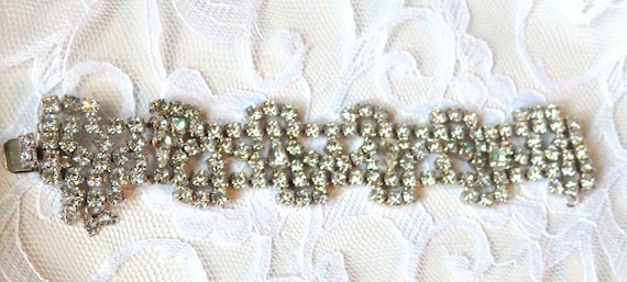 Glamorous 1950’s Wide Clear Rhinestone Bracelet, Bright and Sparkly Stones, Signed "By Gale", Vintage Wedding