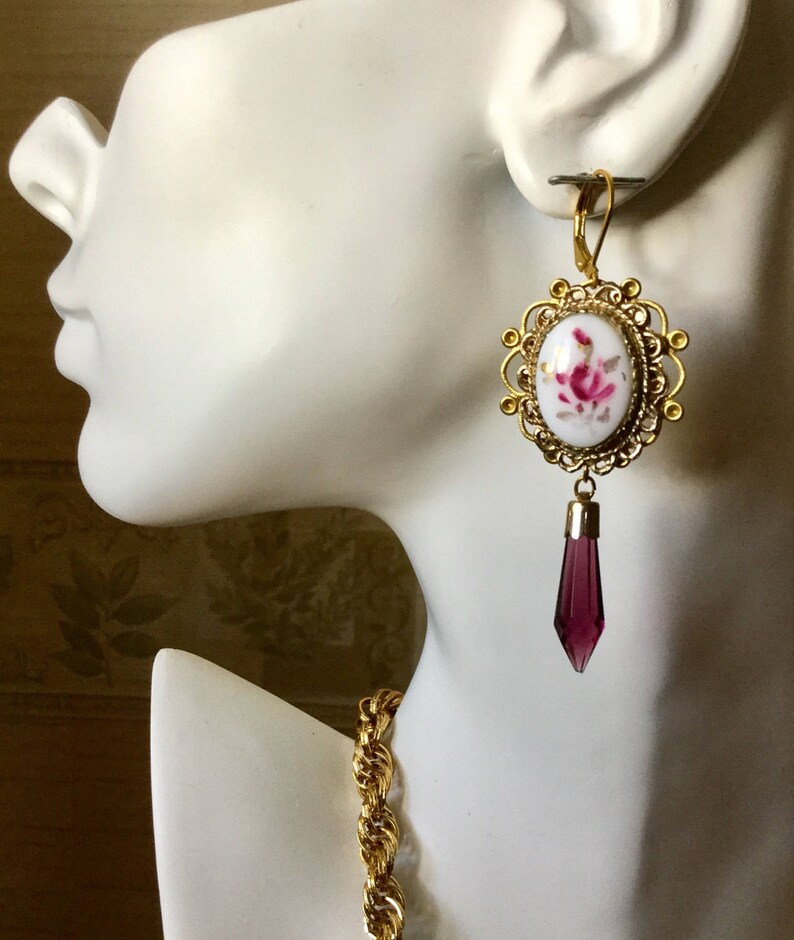 French Earrings, Upcycled pendants Vintage Amethyst Earrings Porcelain Earrings Purple Crystal Earrings Vintage Amethyst Crystals
