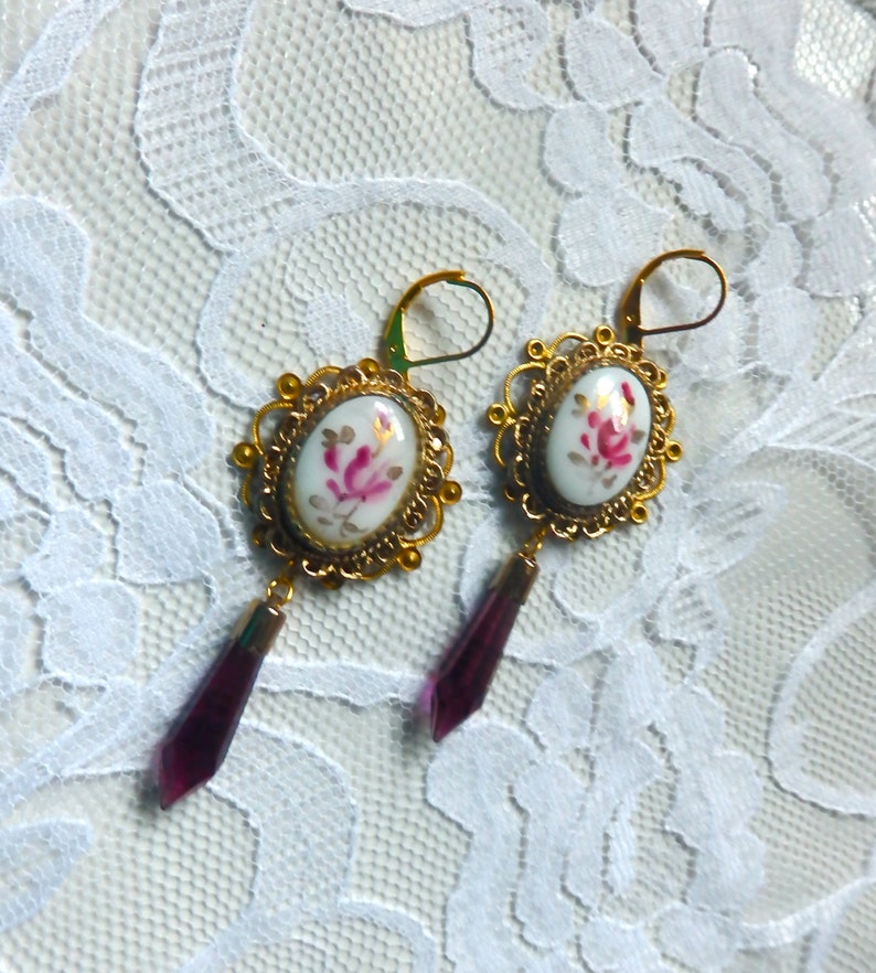 French Earrings, Upcycled pendants Vintage Amethyst Earrings Porcelain Earrings Purple Crystal Earrings Vintage Amethyst Crystals