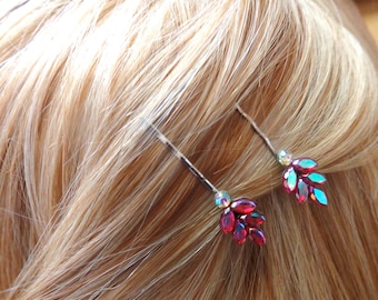 Vintage Ruby AB Crystal Leaf Hair Pins, Wedding Bobby Pins