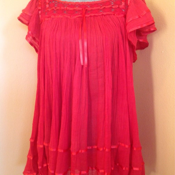 Red Ribbon Mexican Blouse, size L