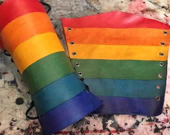 Gay Pride Flag Leather Laced Full Arm Bracer Armor