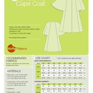 PDF sewing pattern Women Cape Coat -Lemon Pie- (size 34-48) Waffle Patterns