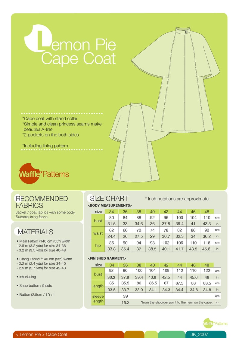 PDF sewing pattern Women Cape Coat -Lemon Pie- (size 34-48) Waffle Patterns