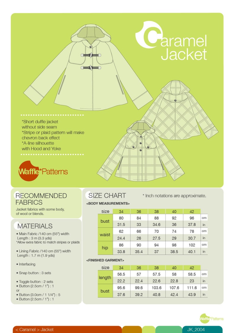 PDF sewing pattern. Women Short Duffle Jacket -Caramel- (size 34-42) Waffle Patterns