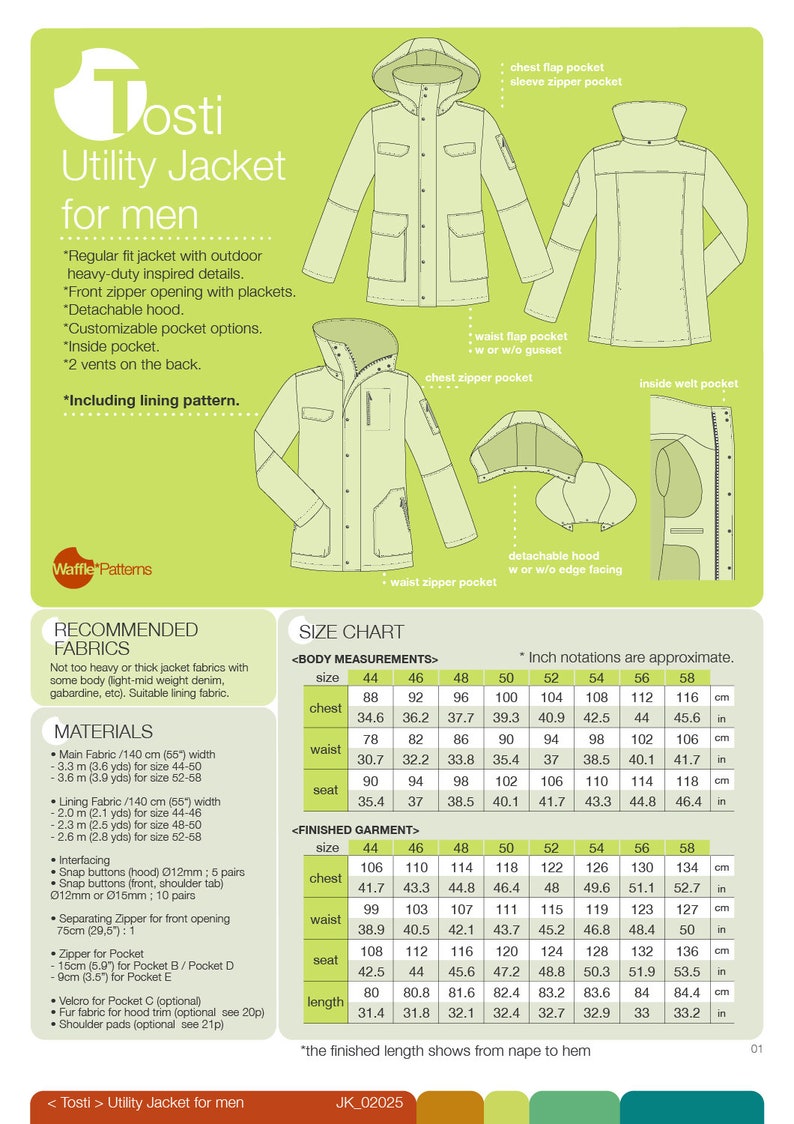 PDF sewing pattern Utility Jacket -Tosti- for Men (size 44-58) Waffle Patterns