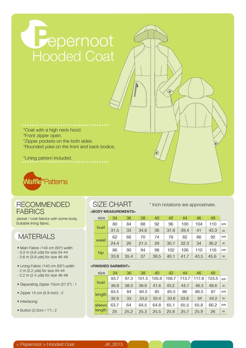 PDF sewing pattern. Women Hooded Coat -Pepernoot- (size 34-48) Waffle Patterns