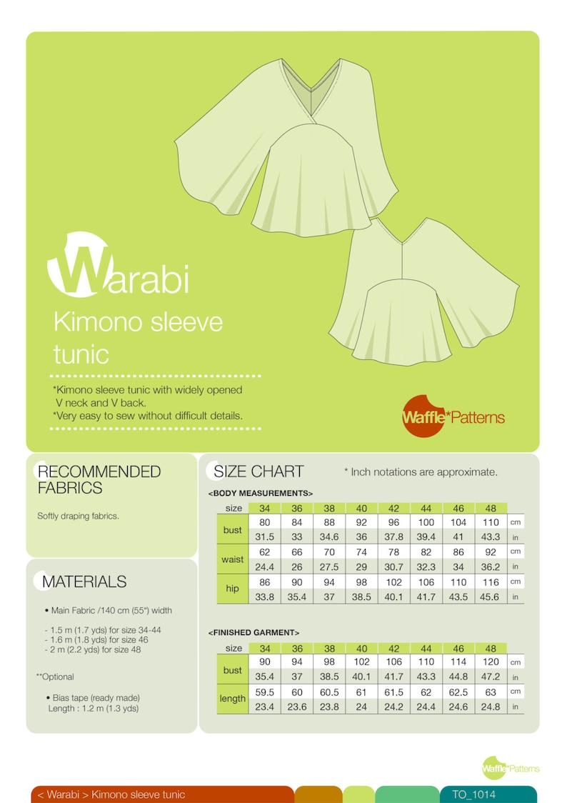 PDF sewing pattern Women Kimono sleeve tunic -Warabi- (size 34-48) Waffle Patterns