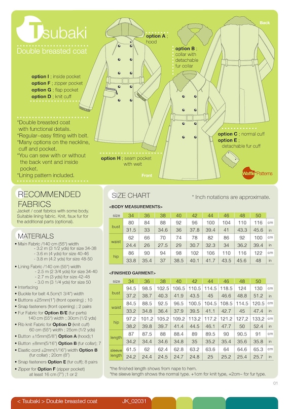 PDF Sewing Pattern for Women Double Breasted Coat -tsubaki PDF Sewing Pattern for Women Double Breasted Coat -tsubaki