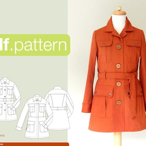 May include: A PDF pattern for a shirt jacket with a belt, pockets, and button closure. The pattern is shown in a line drawing with a sample of the jacket in a burnt orange color.