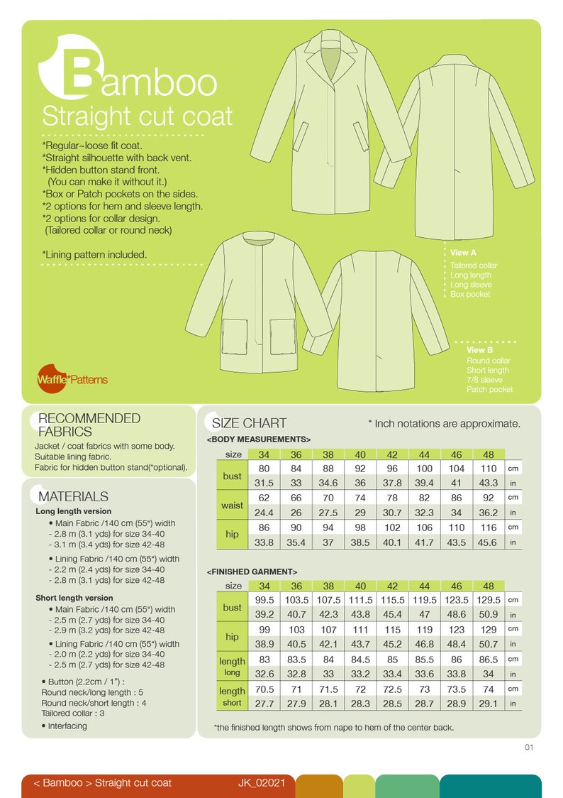 PDF sewing pattern Women Straight Cut Coat -Bamboo- (size 34-48) Waffle Patterns