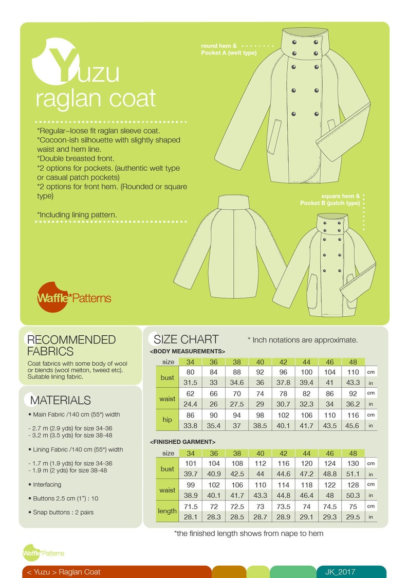 PDF sewing pattern Women Raglan Coat -Yuzu- (size 34-48) Waffle Patterns