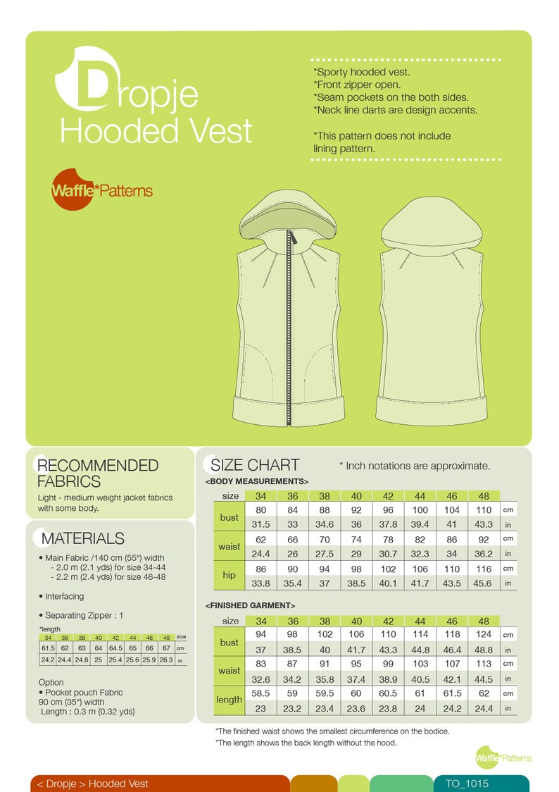 PDF sewing pattern. Women Hooded Vest -Dropje- (size 34-48) Waffle Patterns