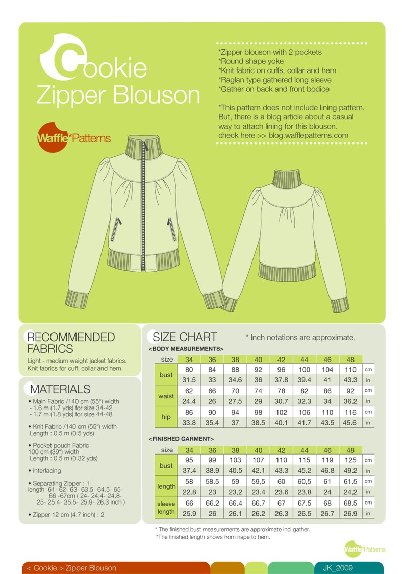 PDF sewing pattern. Women Zipper Blouson -Cookie- (size 34-48) Waffle Patterns