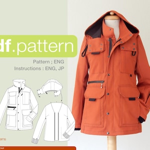 Può includere: Una giacca 3 in 1 arancione su un manichino. La giacca ha un cappuccio, tasche multiple e cerniere nere. L'immagine include anche un diagramma del modello e il testo "pdf.pattern". Istruzioni in inglese e giapponese.