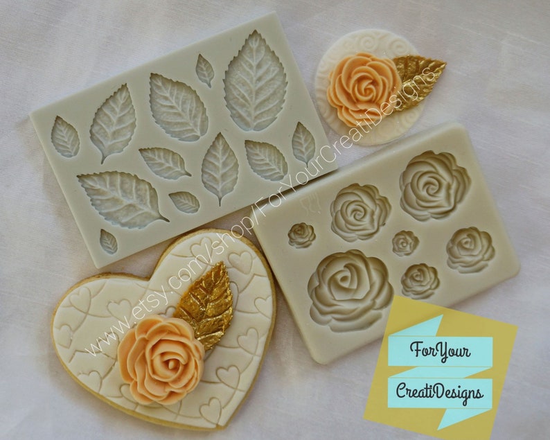 chocolate clay Roses and Rose Leaves silicone mold 2 pieces marzipan resin. masa elastica For fondant