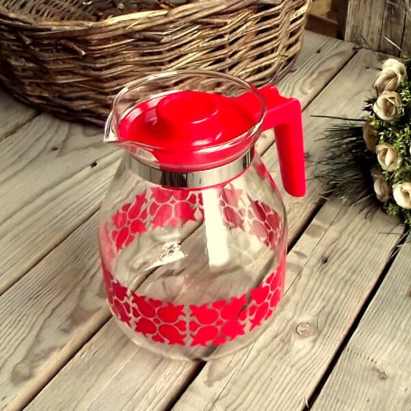 Vintage Glass Pitcher - Coffee Carafe - Red Glass Jug - Glass Carafe - Plastic Stopper - Made in Germany - Red Flowers - Water Jug