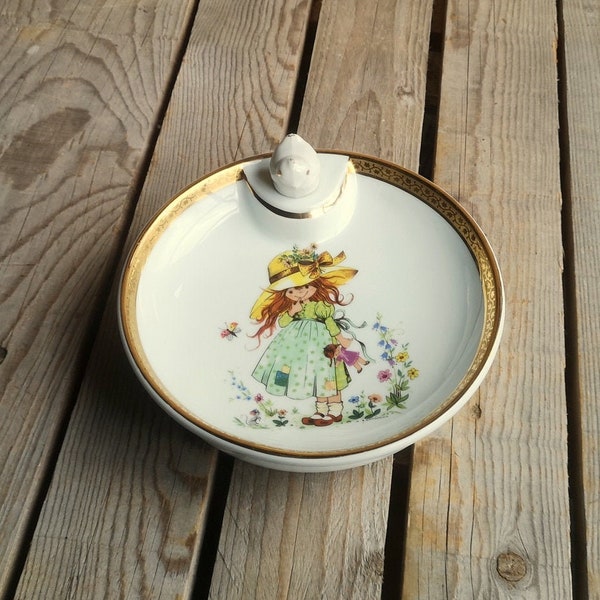 Golden Rim Baby Warming Plate with Little Girl decor signed Gottschlich