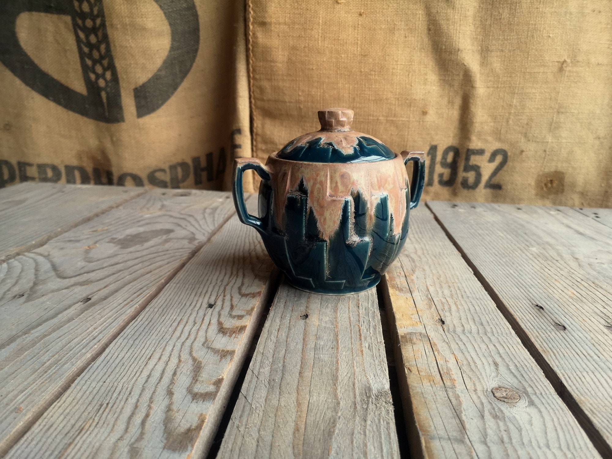 Sucrier en Poterie Marron et Vert Signé Denbac