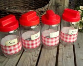 Vintage Glass Canisters with Red and White Checkered Decor - Set of 4