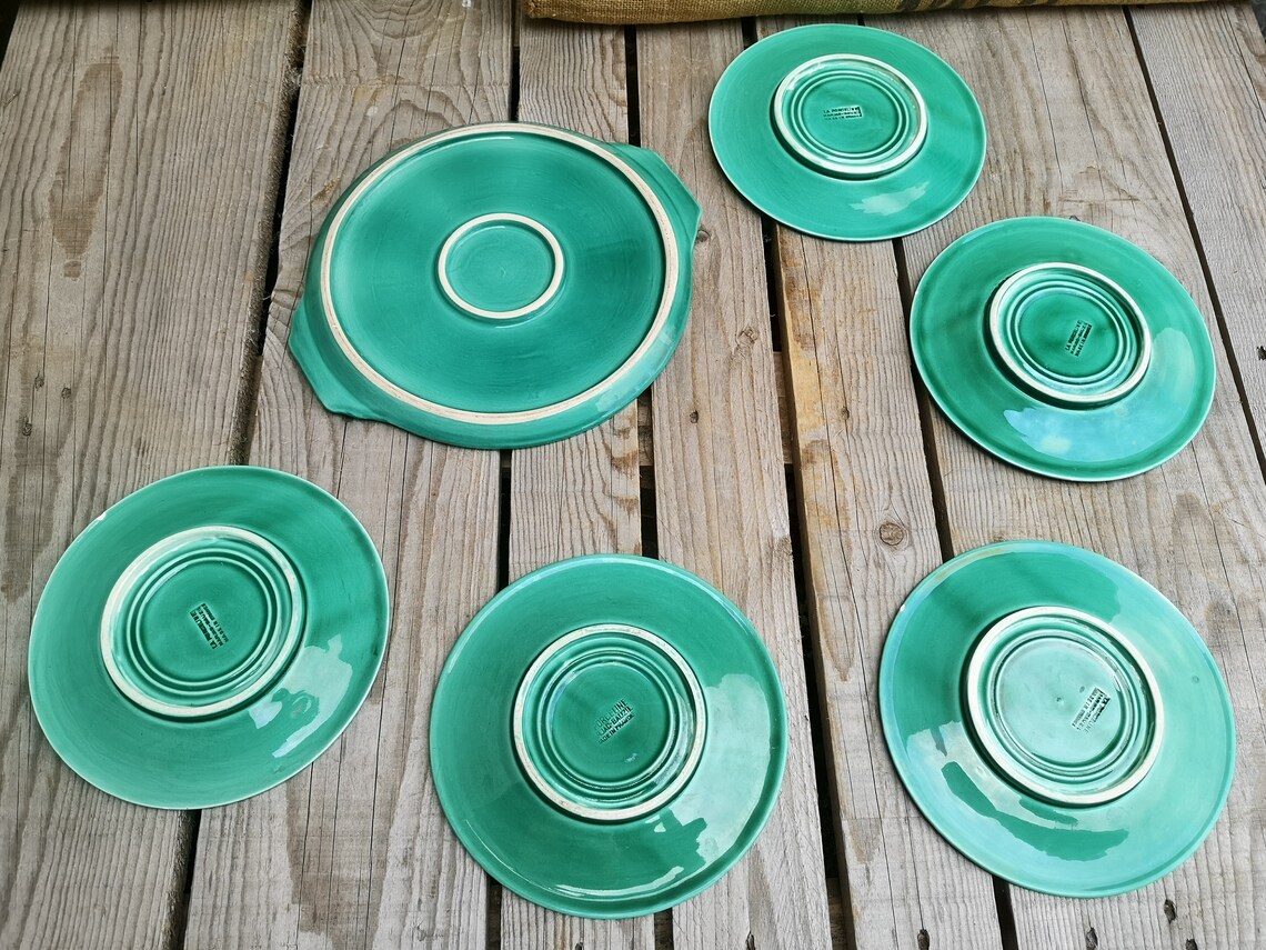 Green Ceramic Dessert Set with 5 Plates and one Round Serving Etsy