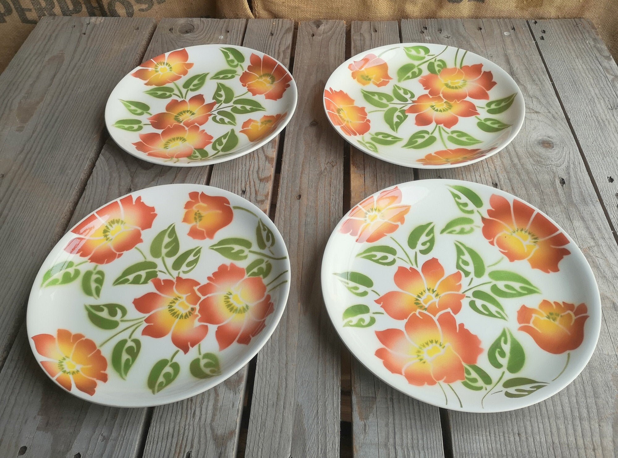 4 Assiettes Plates Anciennes Moulin Des Loups Décor Fleurs Roses