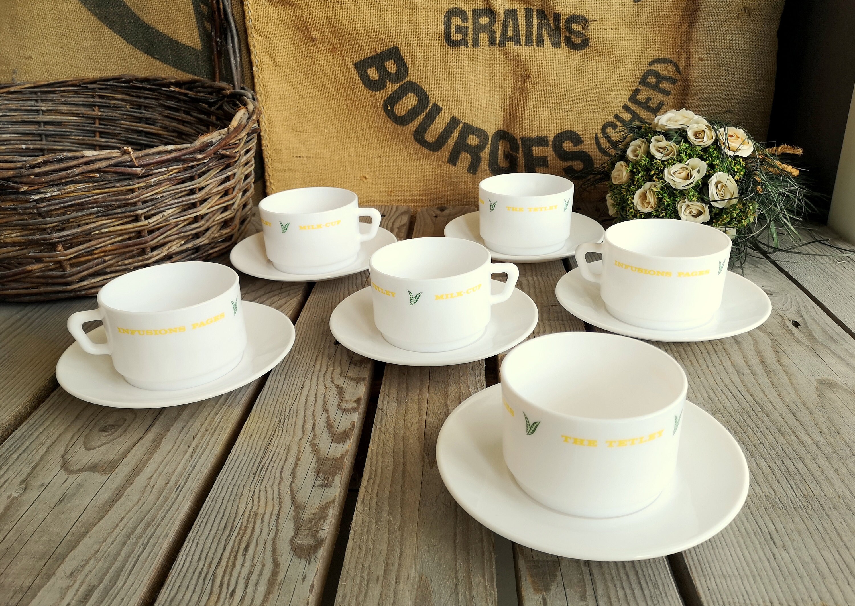 6 Tasses et Sous-Tasses Vintage Arcopal Thé Tetley Infusions Pagès