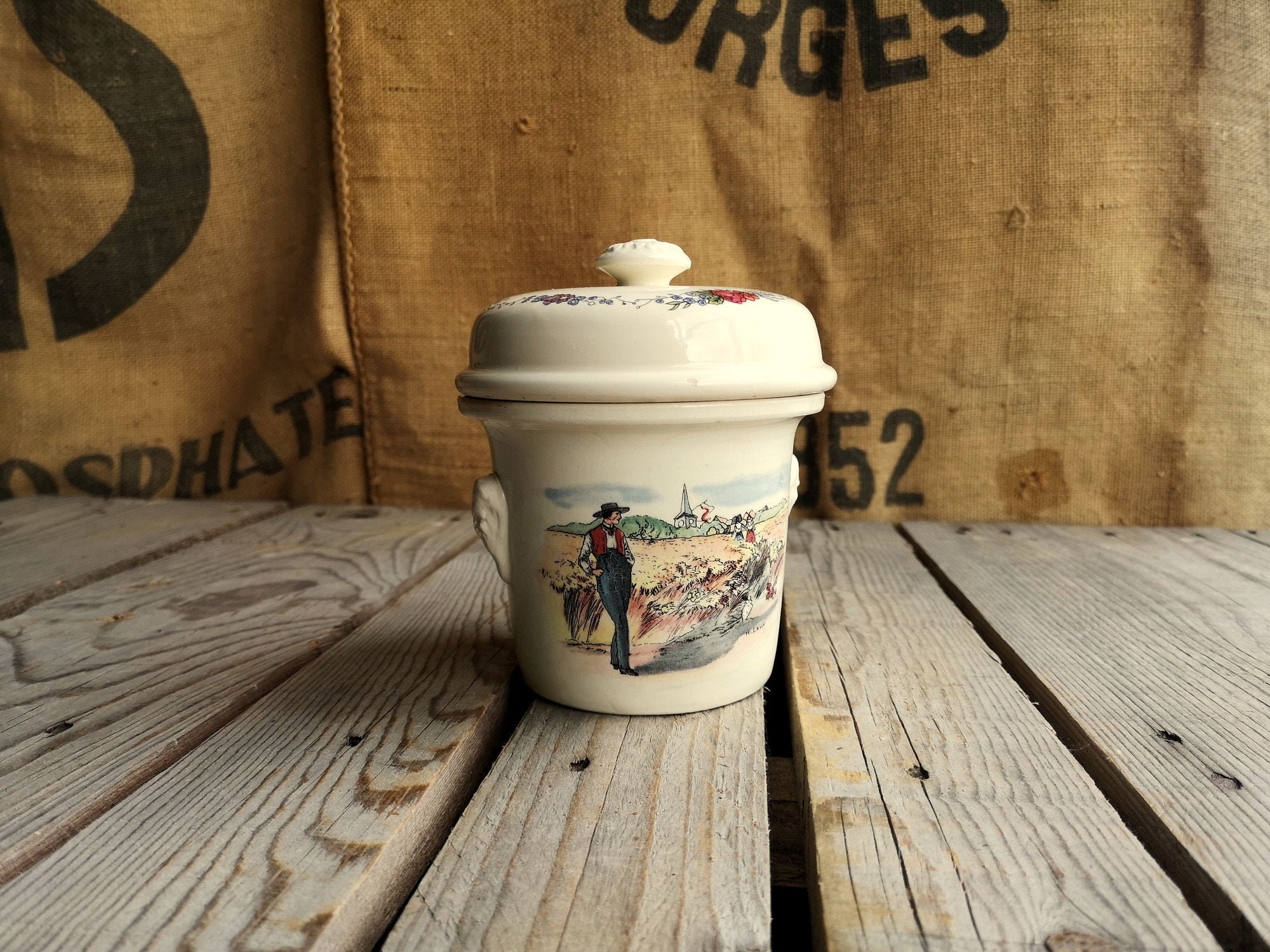 Terrine Simplex Sarreguemines Ancienne en Céramique Décor Scène Rustique