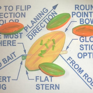 May include: A diagram showing how to assemble a fishing lure. The lure is a yellow and orange plastic fish with a green and orange tail. The diagram shows how to insert the lure into a fishing rod, how to attach a glow stick, and how to adjust the lure's direction.