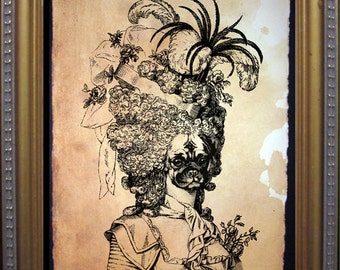 Pug Marie Antoinette  Vintage Collage Art Print on Tea Stained Paper   dog art  dog s        xmas  for momWFH office artdog christmas gift