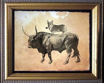 Welsh Corgi Dog Riding Bull  Vintage Collage Art Print on Tea Stained Paper   dog art  dog s      xmas  for momdog christmas gift