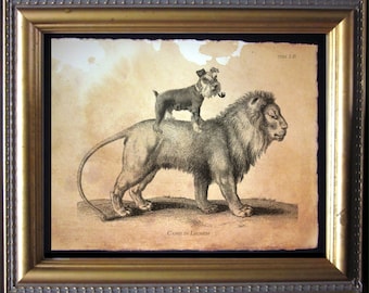 Mini Schnauzer Dog Riding Lion Vintage Collage Print tea stain dog art dog gifts for christmas gifts for dog owners gifts for boyfriends